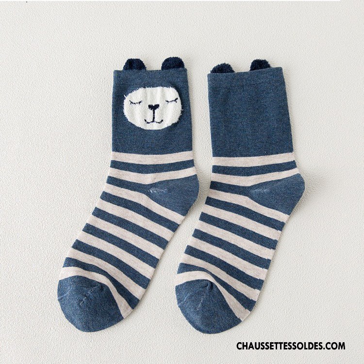 Chaussettes Mi Hautes Femme Le Nouveau Hiver L'automne Matelassé Milieu Dessin Animé Bleu Marin