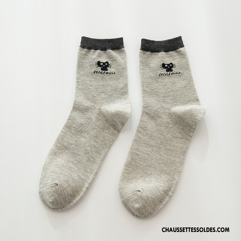 Chaussettes Mi Hautes Femme Milieu 100% Coton Petit L'automne Chaussette Courte Chat Gris