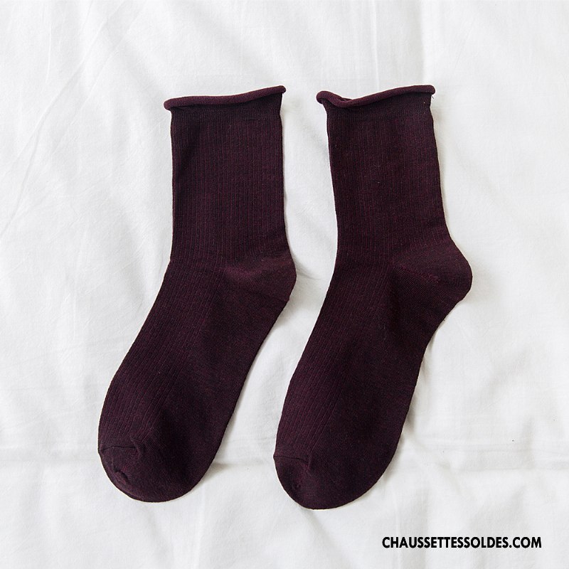 Chaussettes Mi Hautes Femme Milieu Dame Ourlet Tous Les Assortis Nouvelles Arrivées Rétro Bordeaux Pure