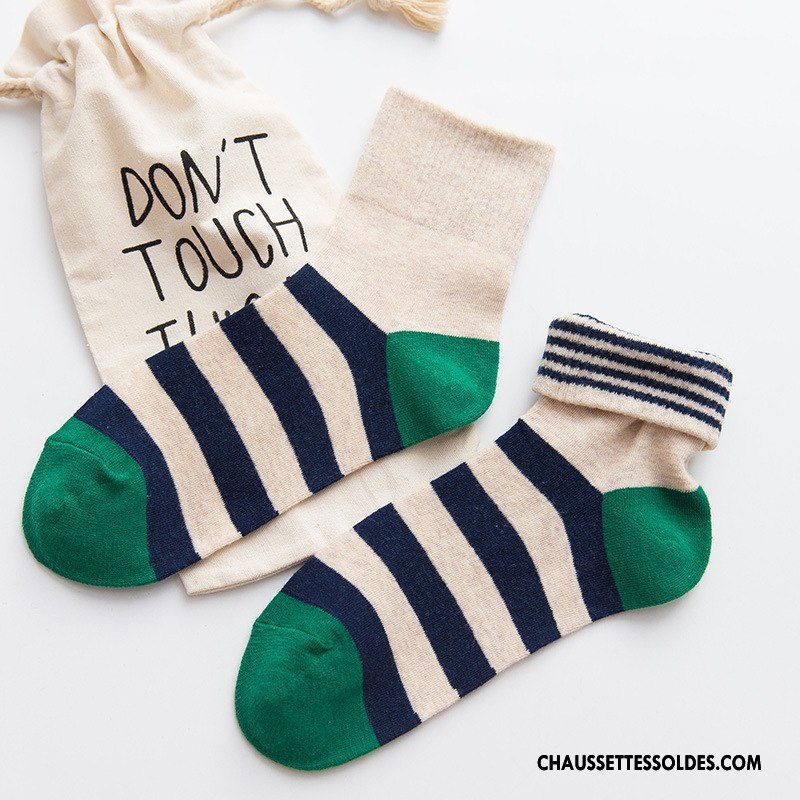 Chaussettes Mi Hautes Femme Milieu Flambage Rayé Hiver Le Nouveau 100% Coton Couleurs De Bonbons Gris