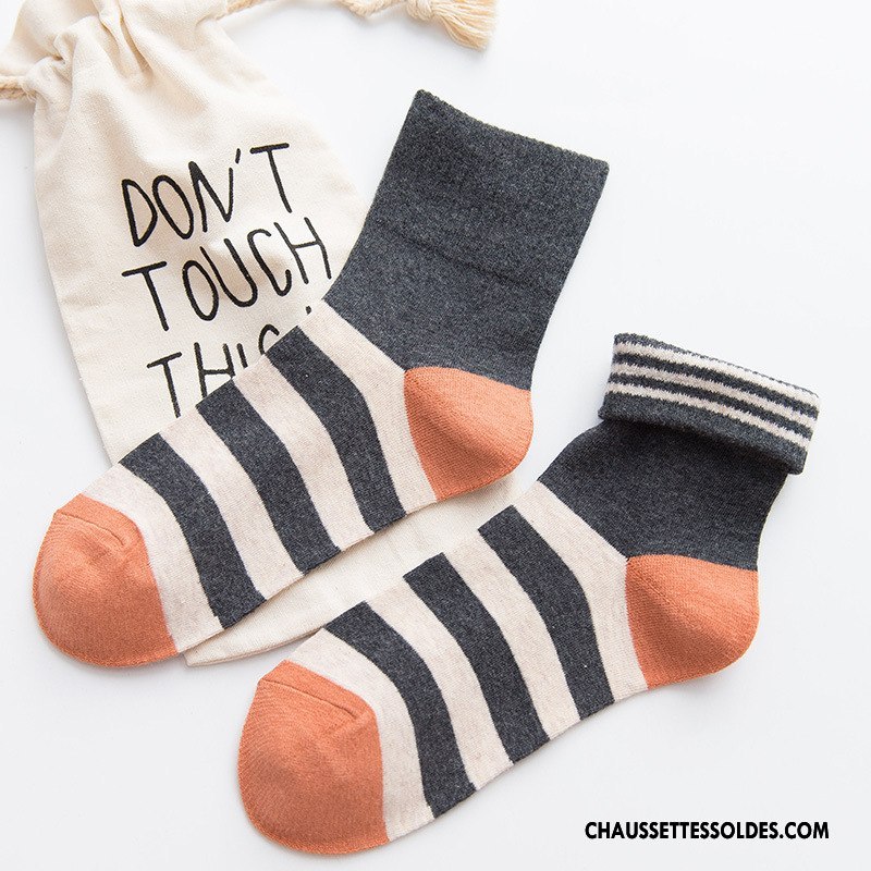 Chaussettes Mi Hautes Femme Milieu Flambage Rayé Hiver Le Nouveau 100% Coton Couleurs De Bonbons Gris