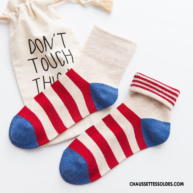 Chaussettes Mi Hautes Femme Milieu Flambage Rayé Hiver Le Nouveau 100% Coton Couleurs De Bonbons Gris