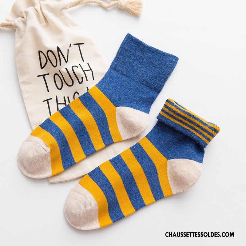 Chaussettes Mi Hautes Femme Milieu Flambage Rayé Hiver Le Nouveau 100% Coton Couleurs De Bonbons Gris