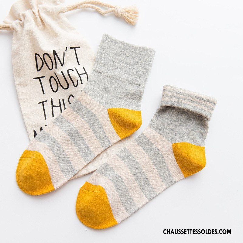 Chaussettes Mi Hautes Femme Milieu Flambage Rayé Hiver Le Nouveau 100% Coton Couleurs De Bonbons Gris