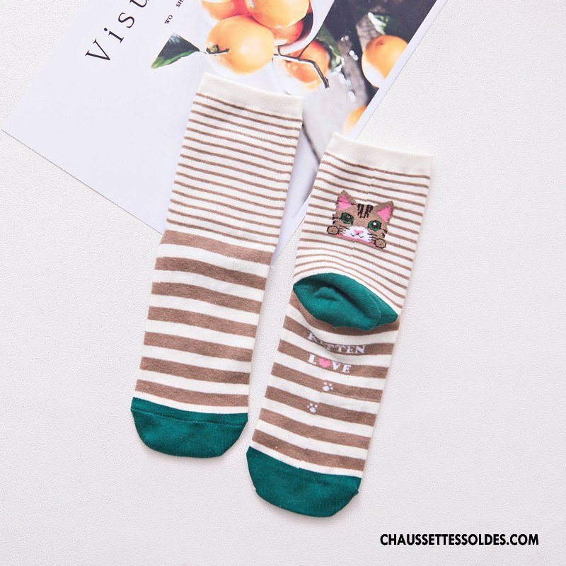 Chaussettes Mi Hautes Femme Milieu L'automne Rayé Dessin Animé Nouvelles Arrivées Chat Rouge