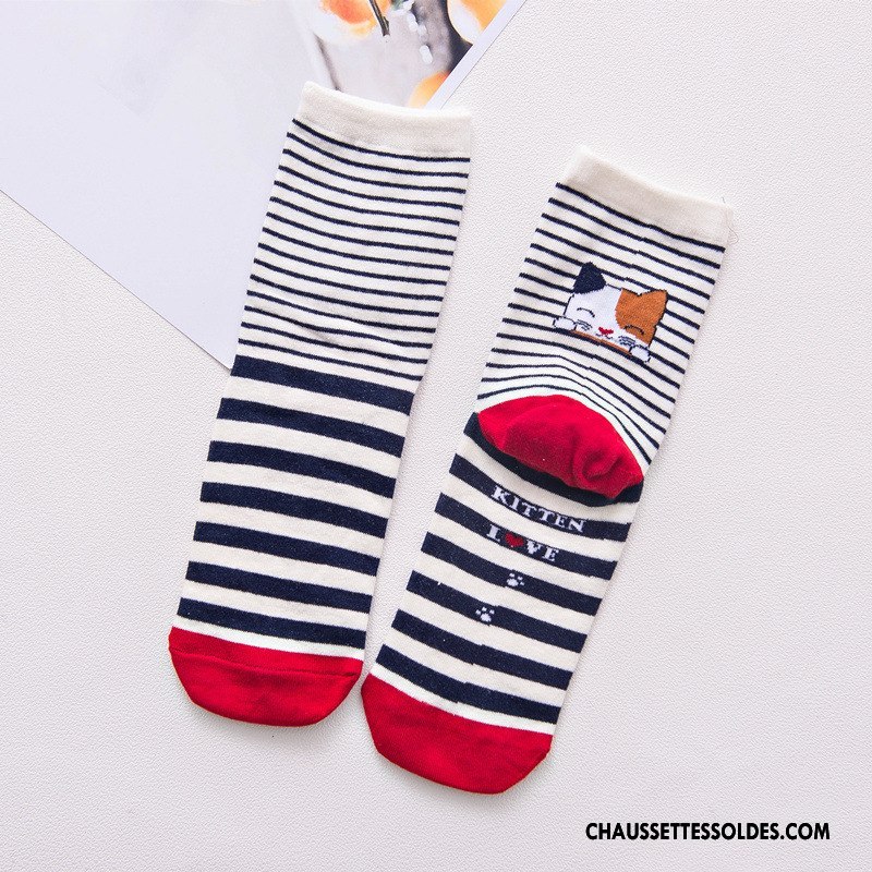 Chaussettes Mi Hautes Femme Milieu L'automne Rayé Dessin Animé Nouvelles Arrivées Chat Rouge