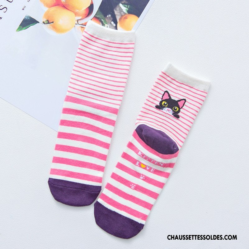 Chaussettes Mi Hautes Femme Milieu L'automne Rayé Dessin Animé Nouvelles Arrivées Chat Rouge