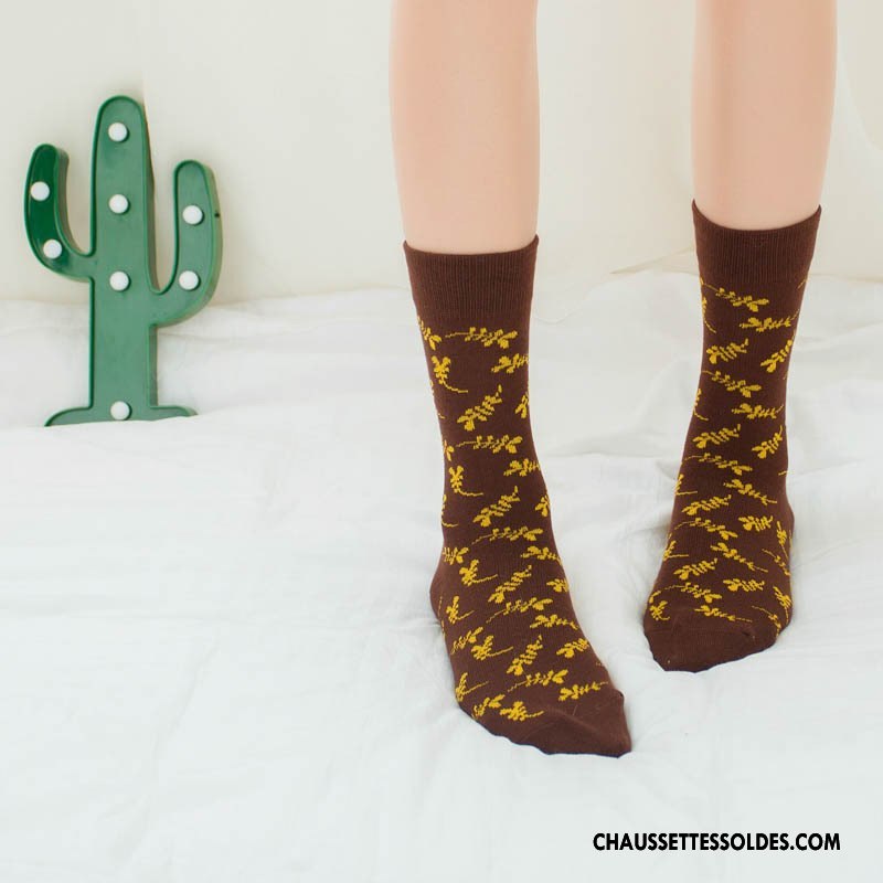 Chaussettes Mi Hautes Femme Milieu Modèles Féminins Doux Style National Rétro L'automne Jaune