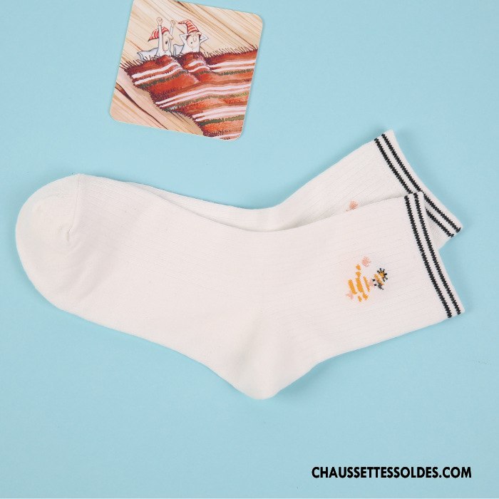 Chaussettes Mi Hautes Femme Milieu Respirant Coton Manuel Toutes Les Saisons Absorber La Sueur Pure Blanc