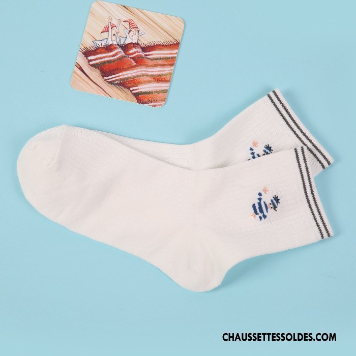 Chaussettes Mi Hautes Femme Milieu Respirant Coton Manuel Toutes Les Saisons Absorber La Sueur Pure Blanc