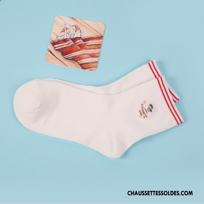 Chaussettes Mi Hautes Femme Milieu Respirant Coton Manuel Toutes Les Saisons Absorber La Sueur Pure Blanc