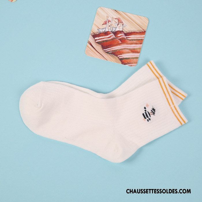Chaussettes Mi Hautes Femme Milieu Respirant Coton Manuel Toutes Les Saisons Absorber La Sueur Pure Blanc