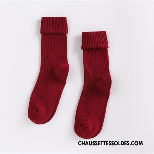 Chaussettes Mi Hautes Femme Milieu Style Chaud Flambage Rétro 100% Coton Dame Bordeaux Pure