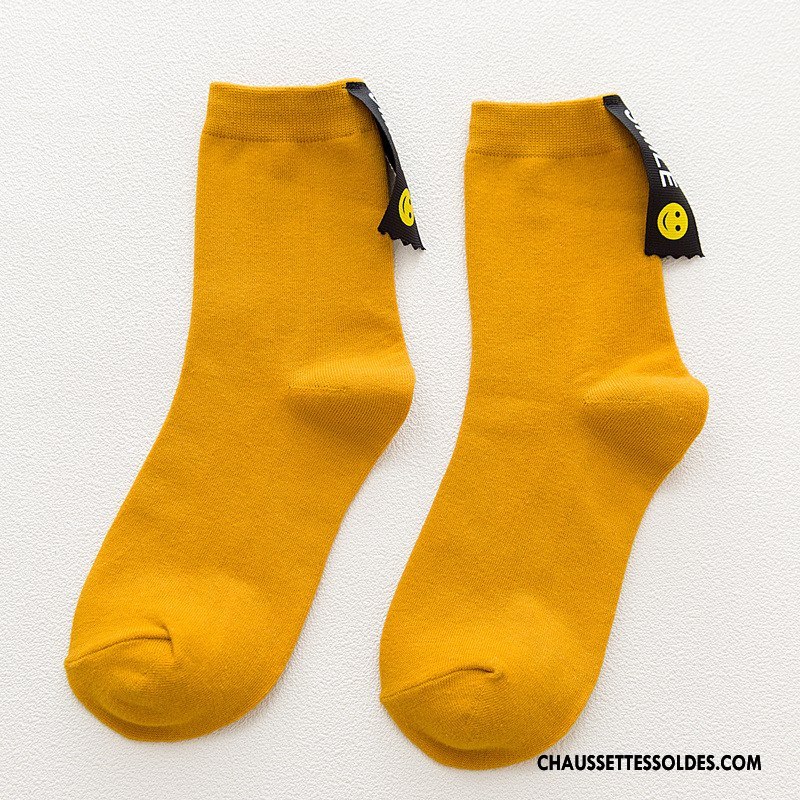Chaussettes Mi Hautes Femme Mouvement Chaussettes En Coton Dame Rétro Milieu Vent D'université Jaune