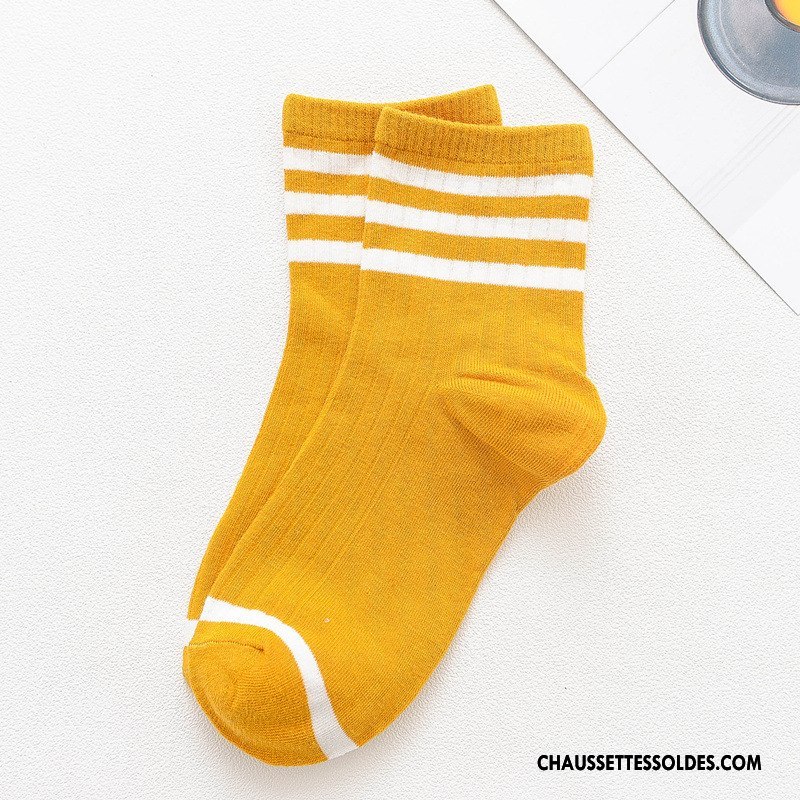 Chaussettes Mi Hautes Femme Mouvement Rayé Chaussettes En Coton Chaussette Courte Nouvelles Arrivées Rétro Jaune