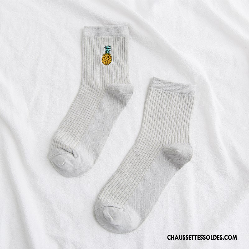 Chaussettes Mi Hautes Femme Nouvelles Arrivées Milieu Chaussettes En Coton Brodé Frais Dame Blanc