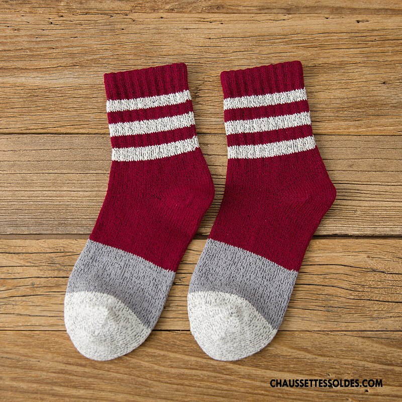 Chaussettes Mi Hautes Femme Nouvelles Arrivées Style National Rayé L'automne Milieu Dame Couleurs Mixtes Bordeaux