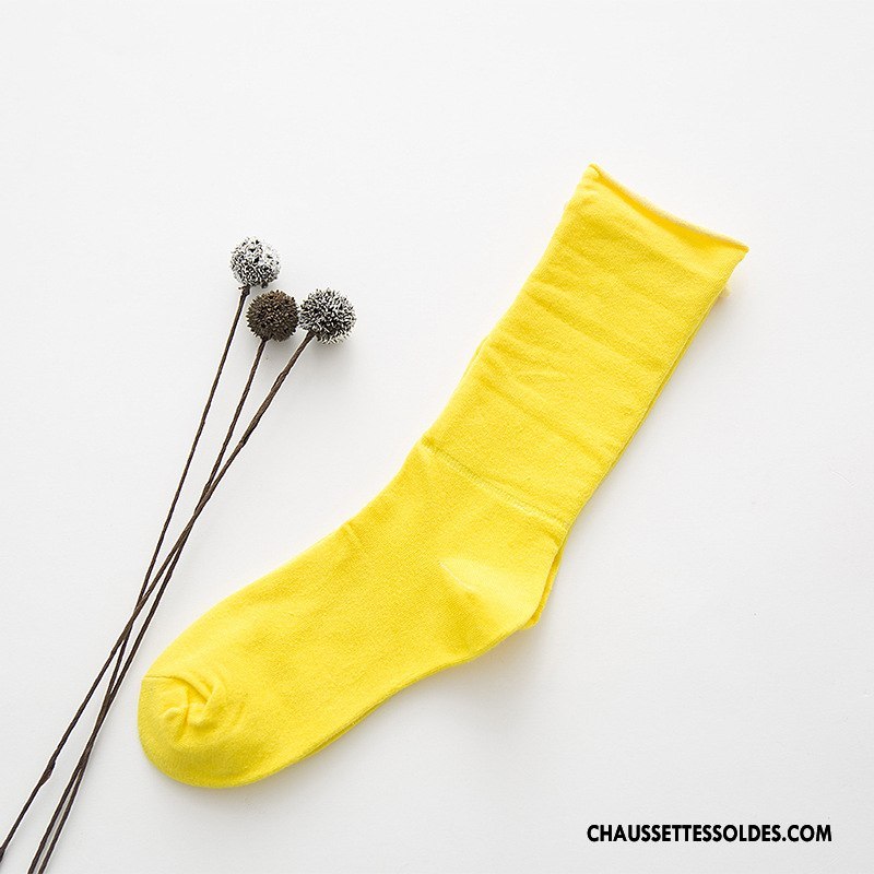 Chaussettes Mi Hautes Femme Ourlet Bouche Libre Enceintes Nouvelles Arrivées 100% Coton Couleurs De Bonbons Jaune