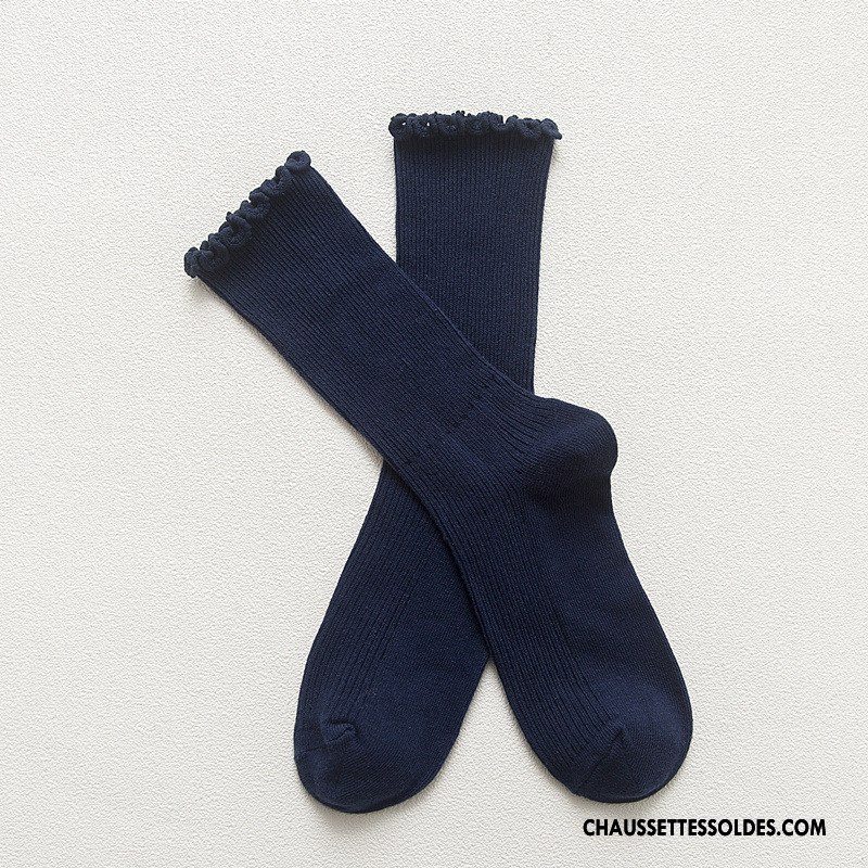 Chaussettes Mi Hautes Femme Ourlet Dame Rétro Bois Chaussettes En Coton Milieu Pure Bleu