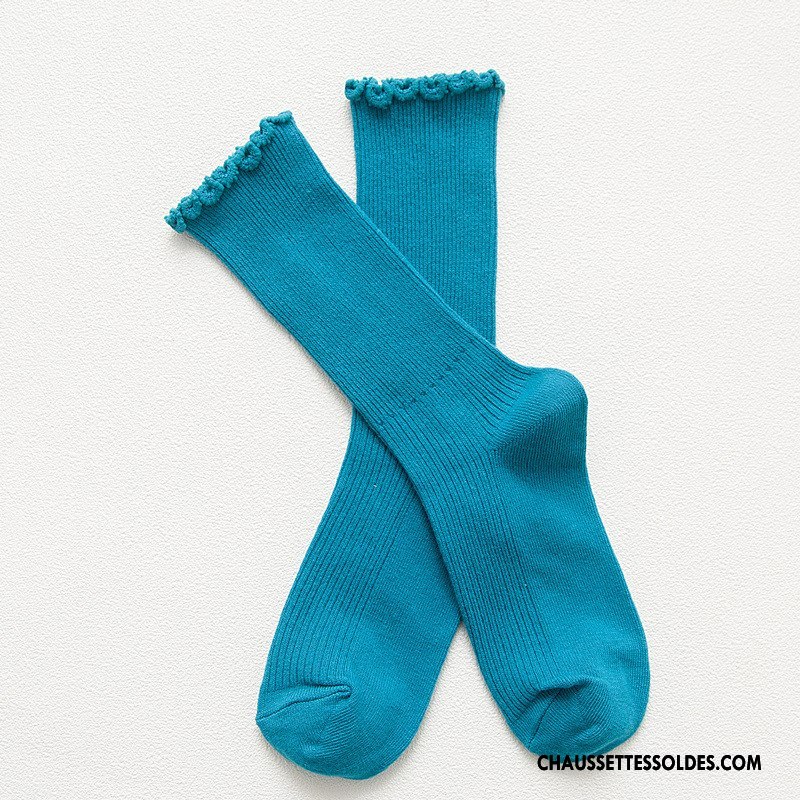 Chaussettes Mi Hautes Femme Ourlet Dame Rétro Bois Chaussettes En Coton Milieu Pure Bleu