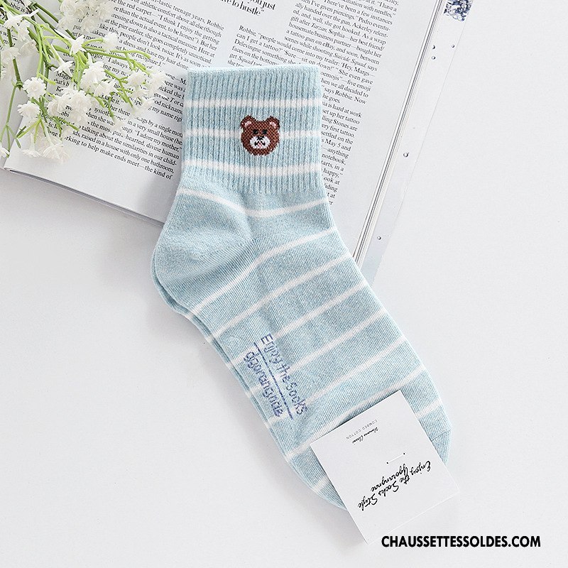 Chaussettes Mi Hautes Femme Ours Animal Rayé Long Stock Charmant Authentique Gris