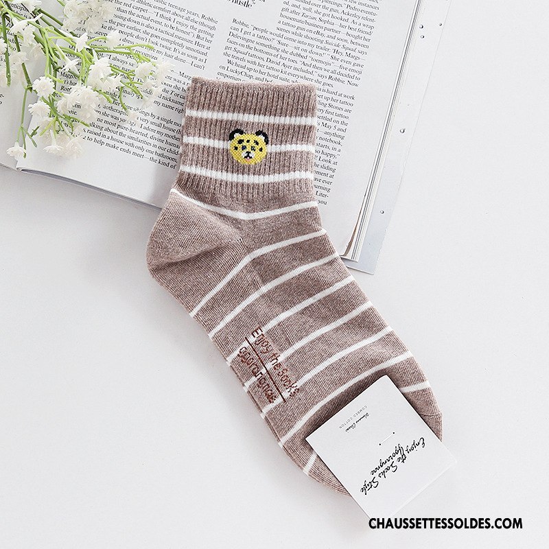 Chaussettes Mi Hautes Femme Ours Animal Rayé Long Stock Charmant Authentique Gris