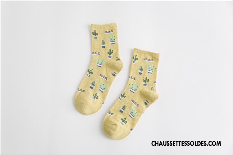 Chaussettes Mi Hautes Femme Plaine 100% Coton Le Nouveau Chaussettes En Coton Frais Milieu Jaune
