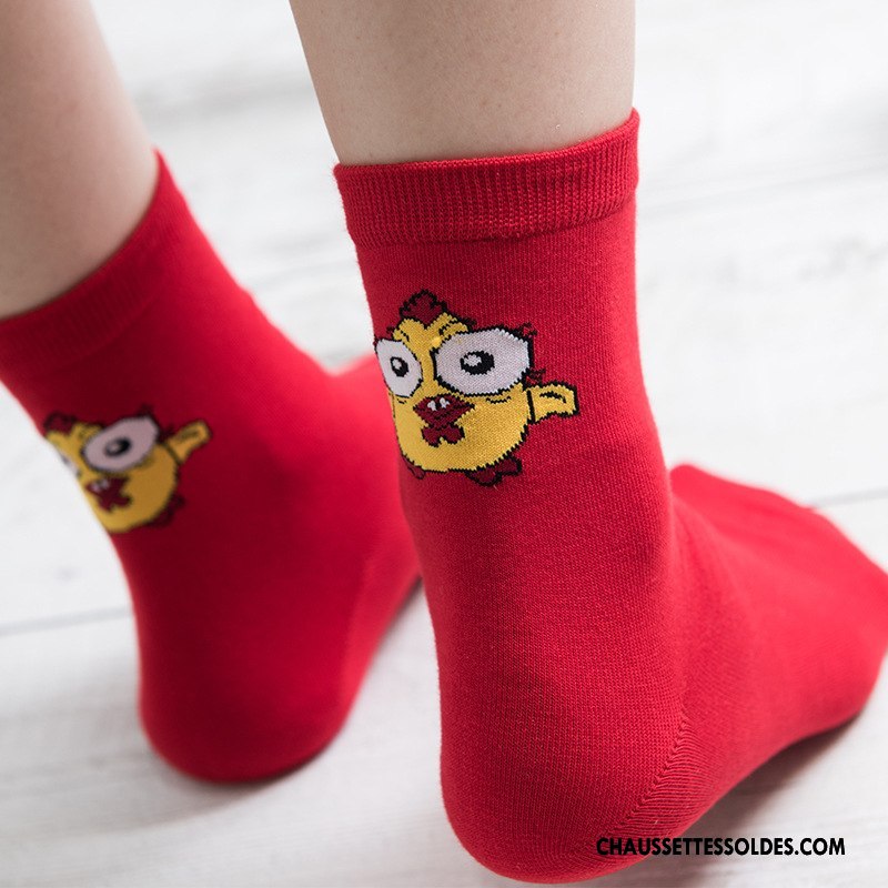 Chaussettes Mi Hautes Femme Poulet Milieu 100% Coton Hiver Petit Dessin Animé Rouge