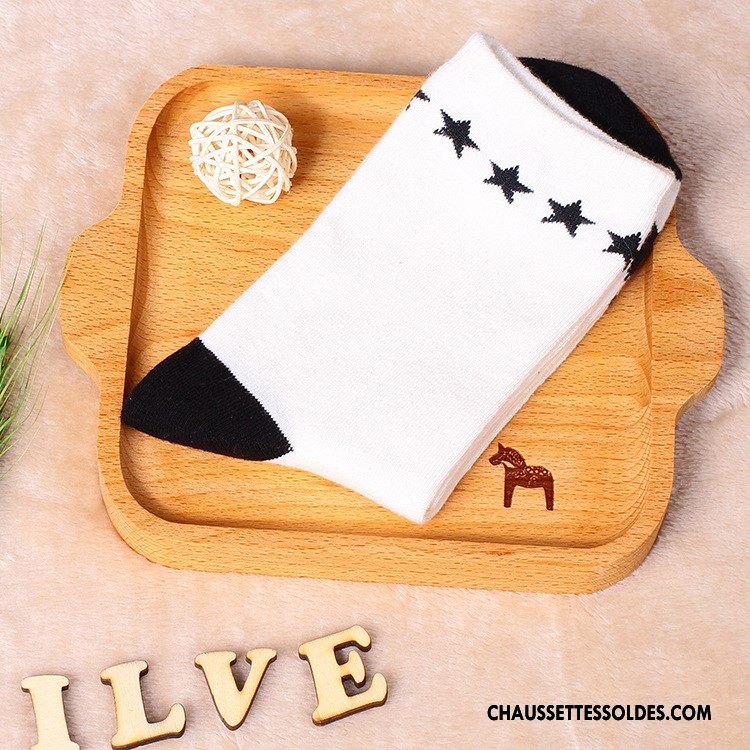Chaussettes Mi Hautes Femme Rayé 100% Coton Vent D'université Étoile Couleurs Mixtes Blanc Noir