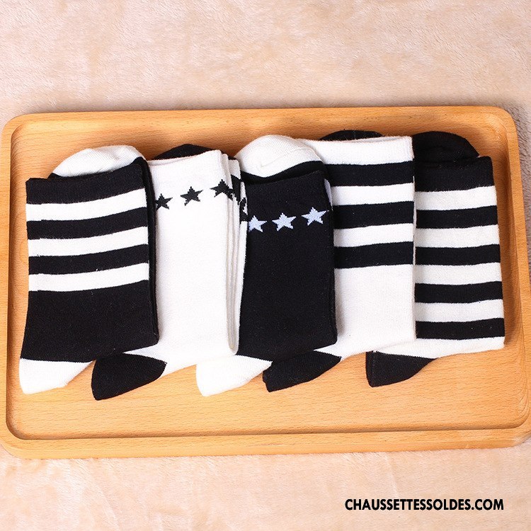 Chaussettes Mi Hautes Femme Rayé 100% Coton Vent D'université Étoile Couleurs Mixtes Blanc Noir