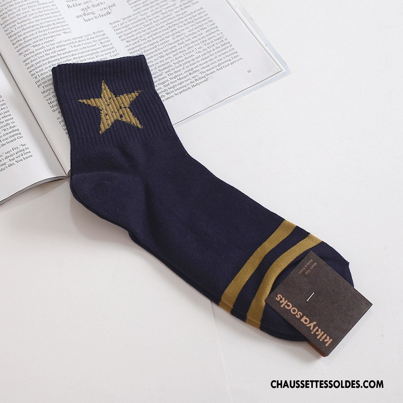 Chaussettes Mi Hautes Femme Rayé Bouche Fermée Le Nouveau Coton Bio Long Stock L'automne Bleu