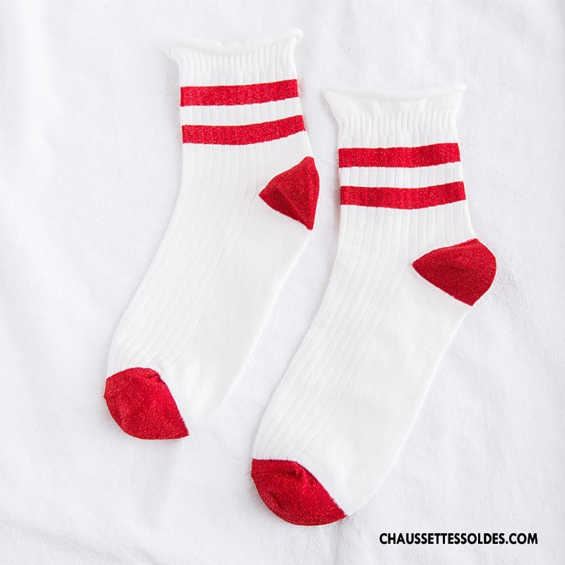 Chaussettes Mi Hautes Femme Rayé Dame Élève Art Nouvelles Arrivées Ourlet Blanc Or