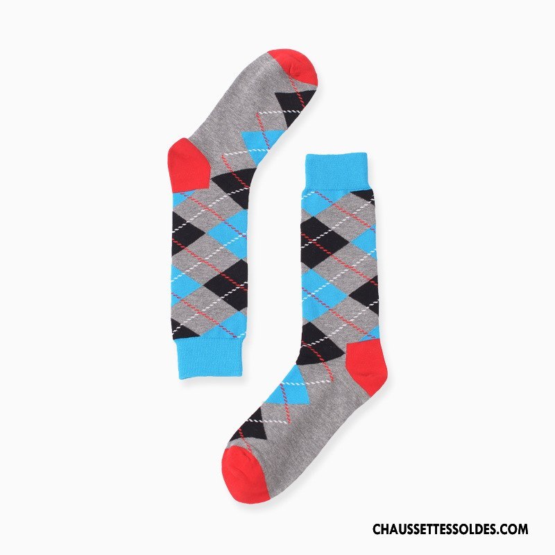 Chaussettes Mi Hautes Femme Rayé Style Losange Homme Rue Tendance Couleur De Contraste Gris