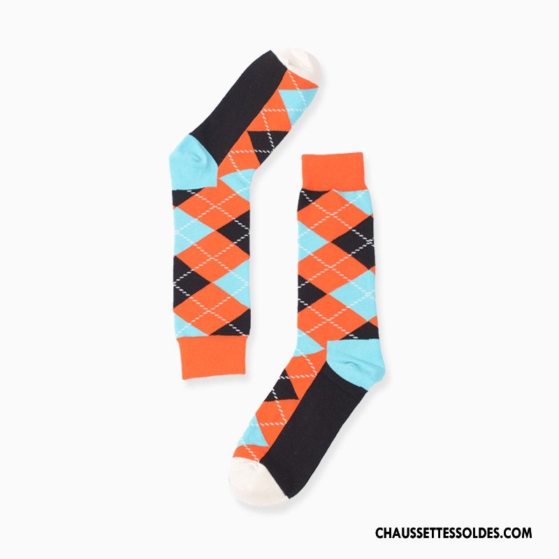 Chaussettes Mi Hautes Femme Rayé Style Losange Homme Rue Tendance Couleur De Contraste Gris