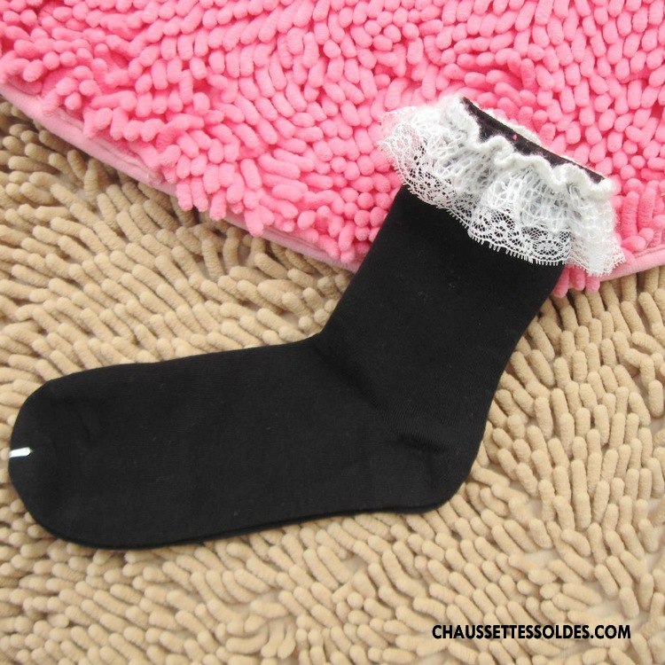 Chaussettes Mi Hautes Femme Rétro Bulle Dentelle Chaussette Courte Coton Bio Dame Blanc