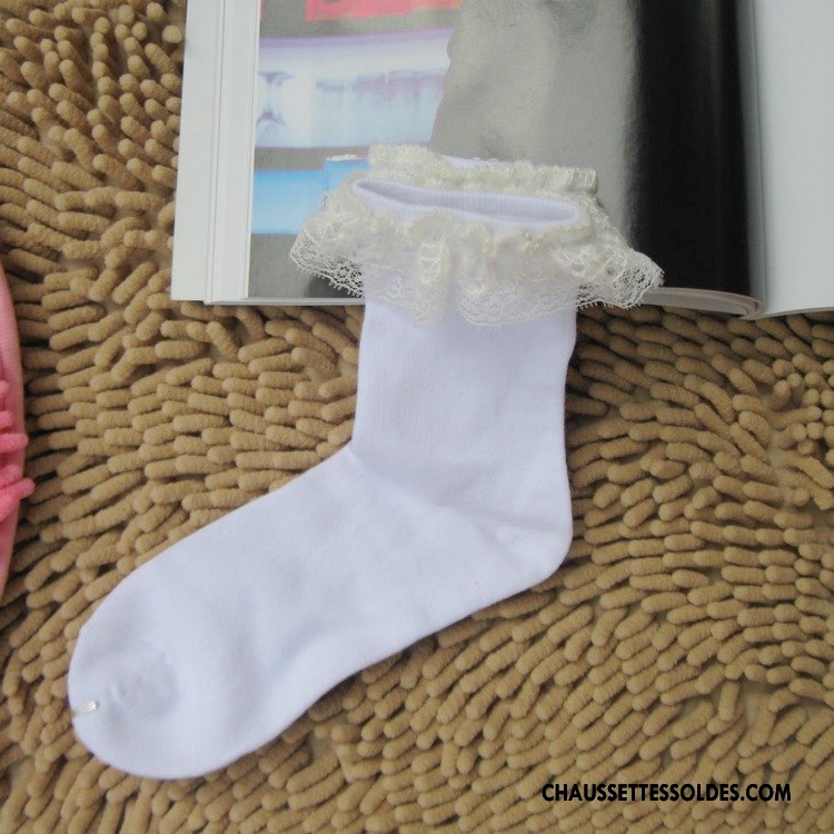 Chaussettes Mi Hautes Femme Rétro Bulle Dentelle Chaussette Courte Coton Bio Dame Blanc