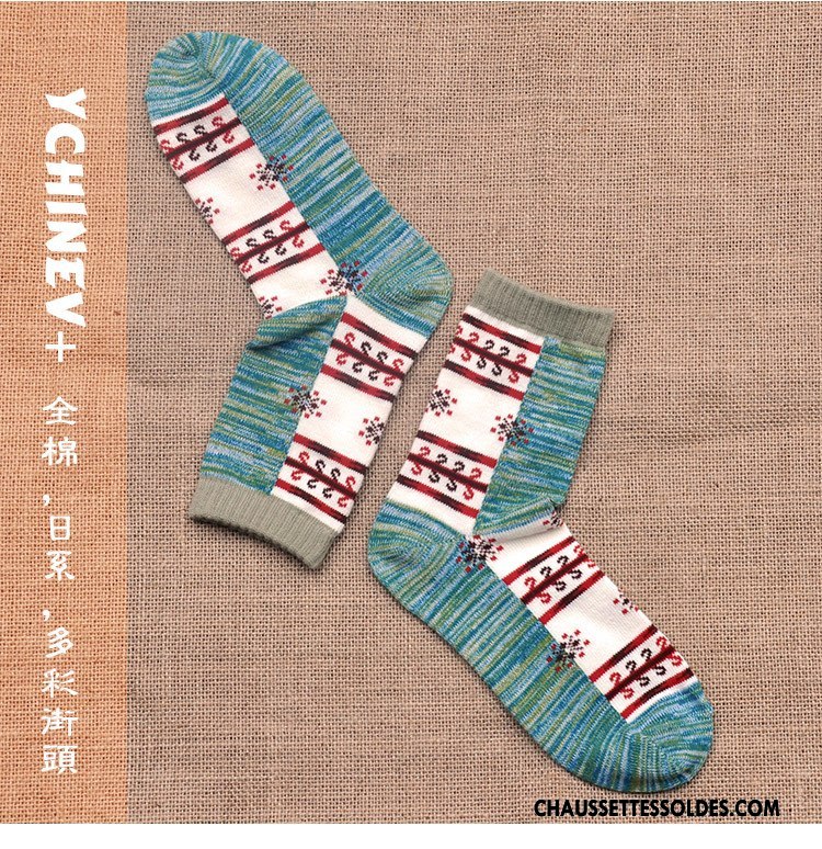 Chaussettes Mi Hautes Femme Rétro Nation Style National Chaussettes En Coton Petit Fleurs Couleurs Mixtes Bleu