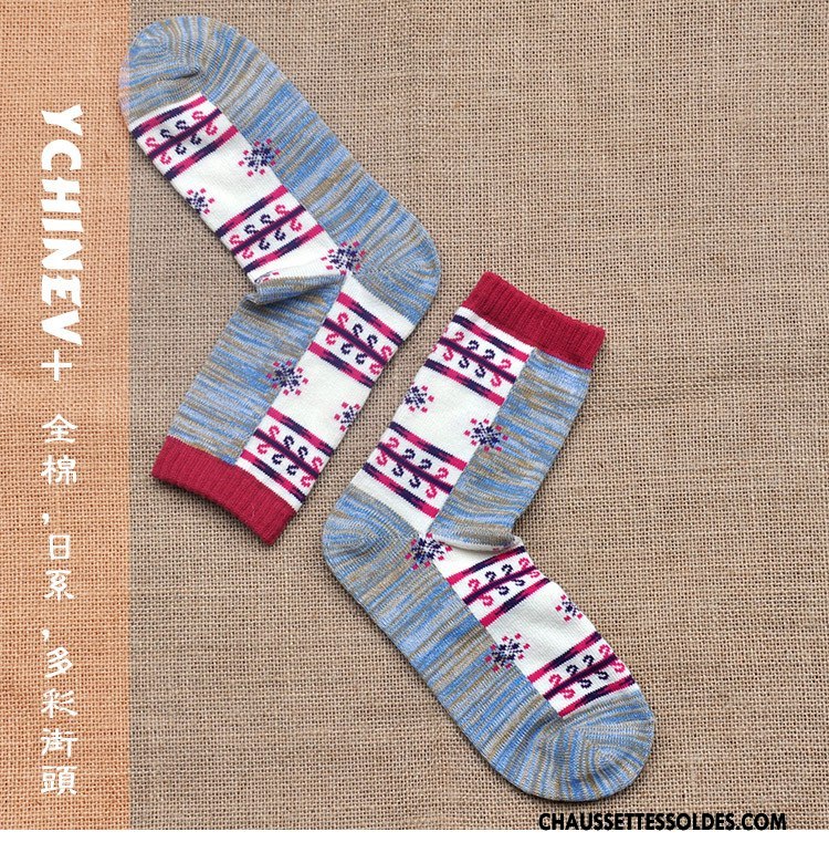 Chaussettes Mi Hautes Femme Rétro Nation Style National Chaussettes En Coton Petit Fleurs Couleurs Mixtes Bleu