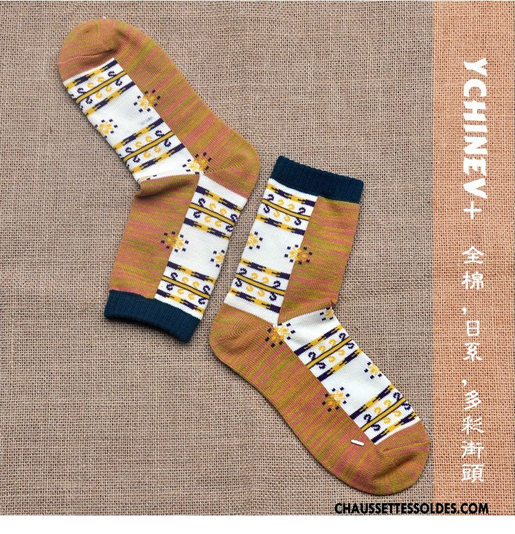 Chaussettes Mi Hautes Femme Rétro Nation Style National Chaussettes En Coton Petit Fleurs Couleurs Mixtes Bleu