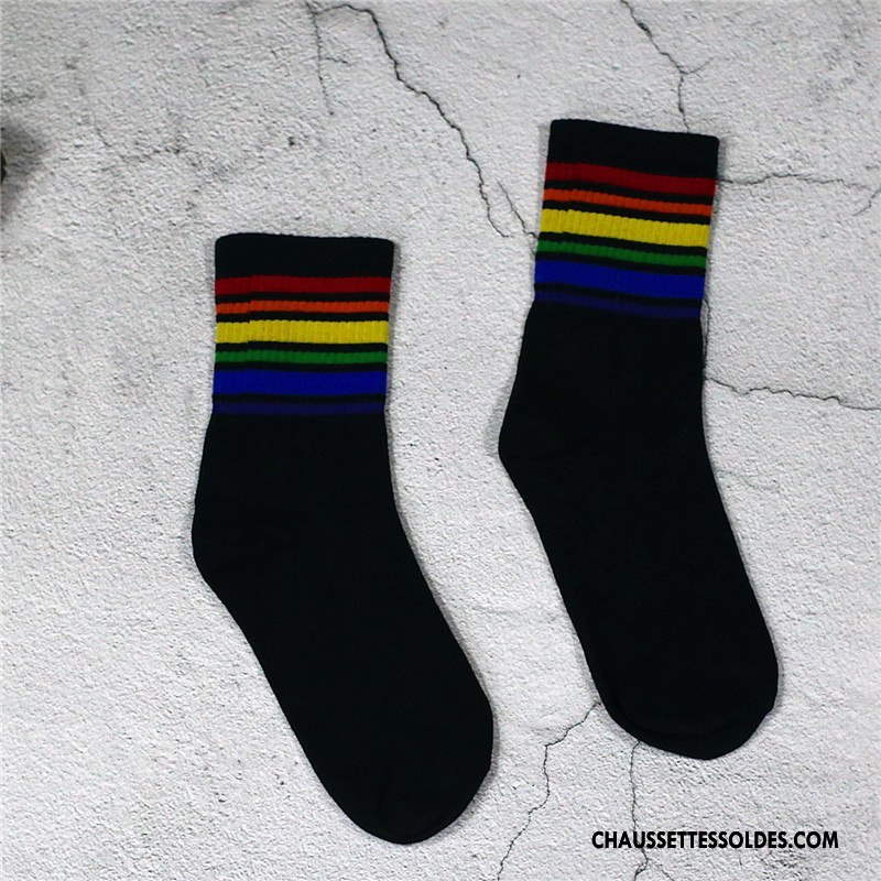 Chaussettes Mi Hautes Femme Simple Rayé Élève Rétro Chaussettes En Coton Mouvement Arc En Ciel Blanc