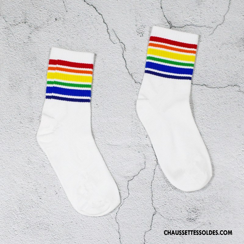 Chaussettes Mi Hautes Femme Simple Rayé Élève Rétro Chaussettes En Coton Mouvement Arc En Ciel Blanc