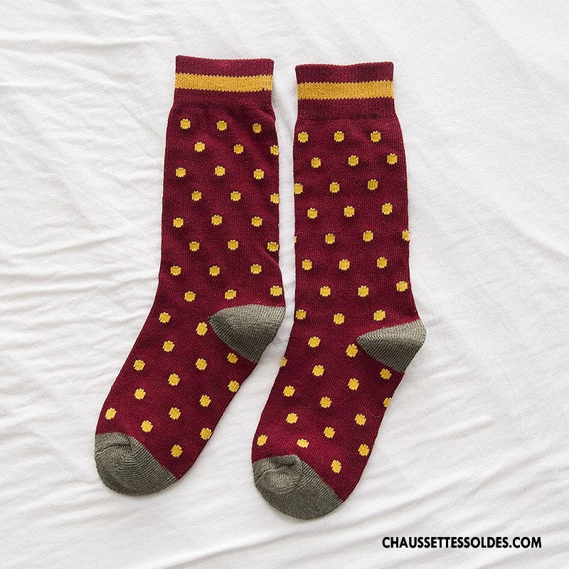 Chaussettes Mi Hautes Femme Style National Petit Rétro L'automne Hiver Chaussettes En Coton Bordeaux