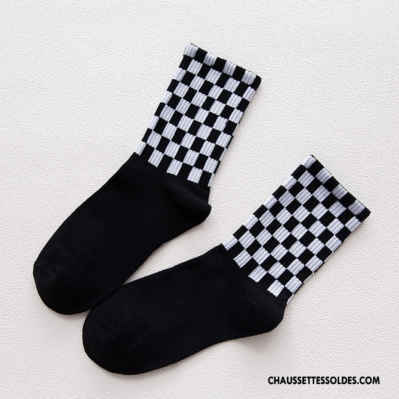Chaussettes Mi Hautes Femme Style Nouvelles Arrivées Dame Carreaux Milieu Vent D'université Blanc Noir