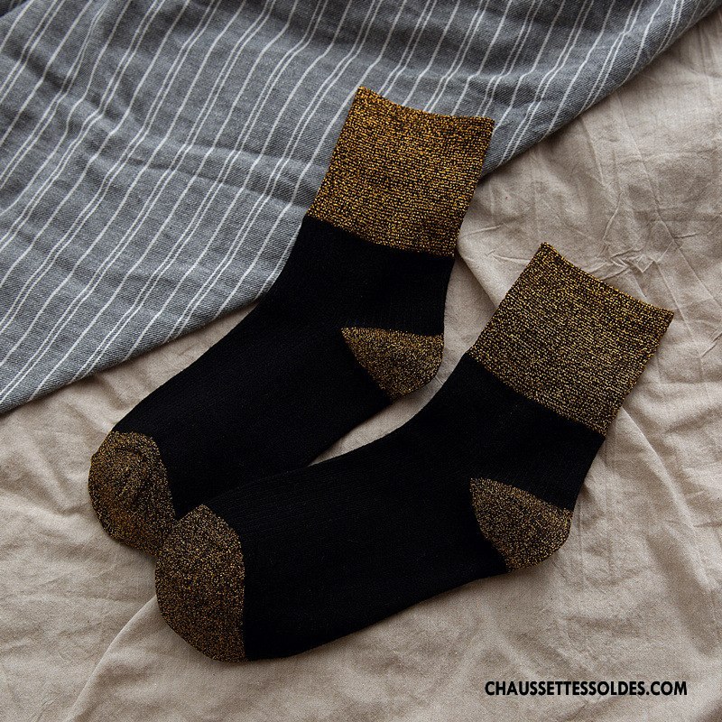 Chaussettes Mi Hautes Femme Style Nouvelles Arrivées Milieu Dame Rétro Tendance Couleurs Mixtes Jaune Or