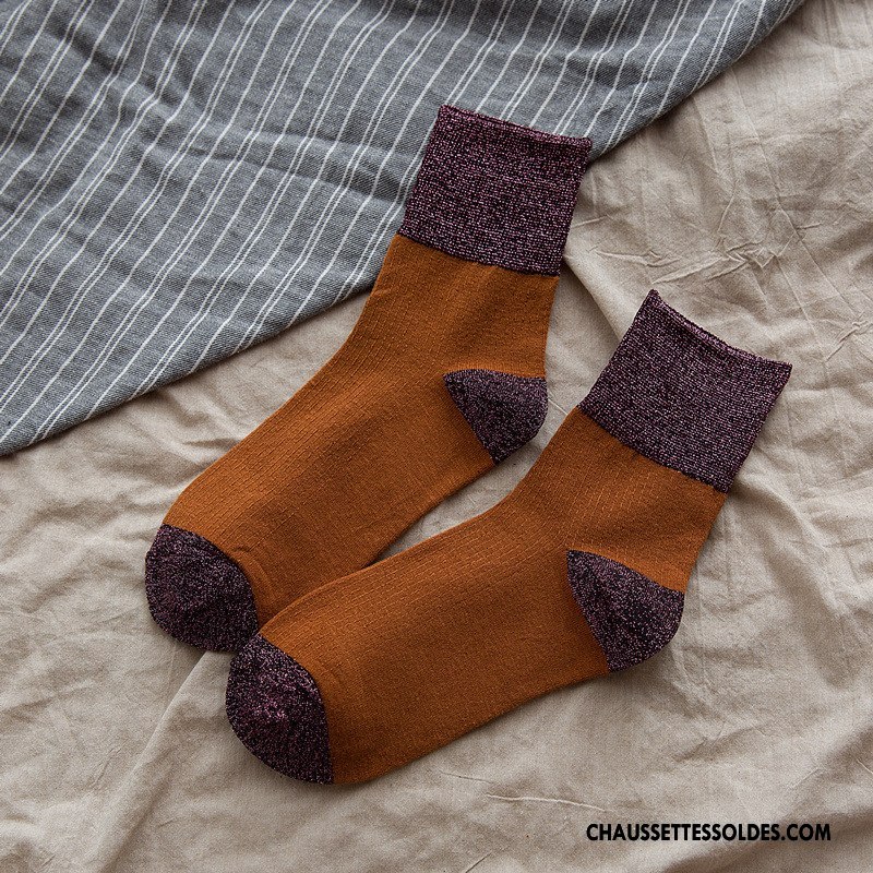 Chaussettes Mi Hautes Femme Style Nouvelles Arrivées Milieu Dame Rétro Tendance Couleurs Mixtes Jaune Or