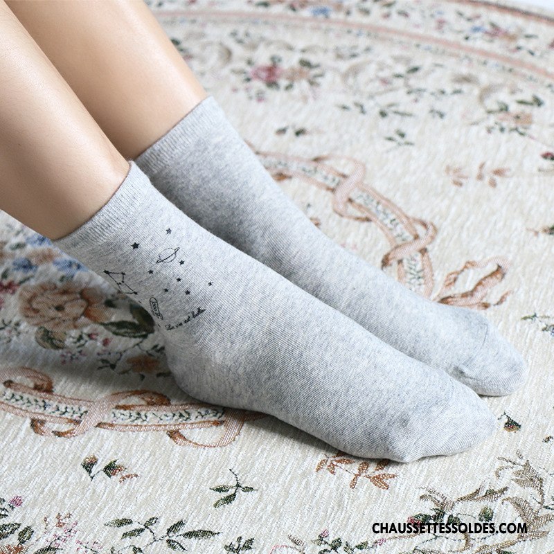 Chaussettes Mi Hautes Femme Technologie Le Nouveau Mouvement Dessin Animé Printemps Dame Impression Gris