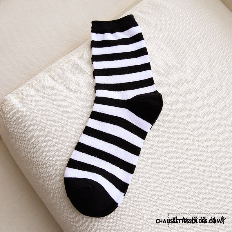 Chaussettes Mi Hautes Femme Tendance Rayé Tous Les Assortis Milieu Le Nouveau Chaussettes En Coton Blanc Noir