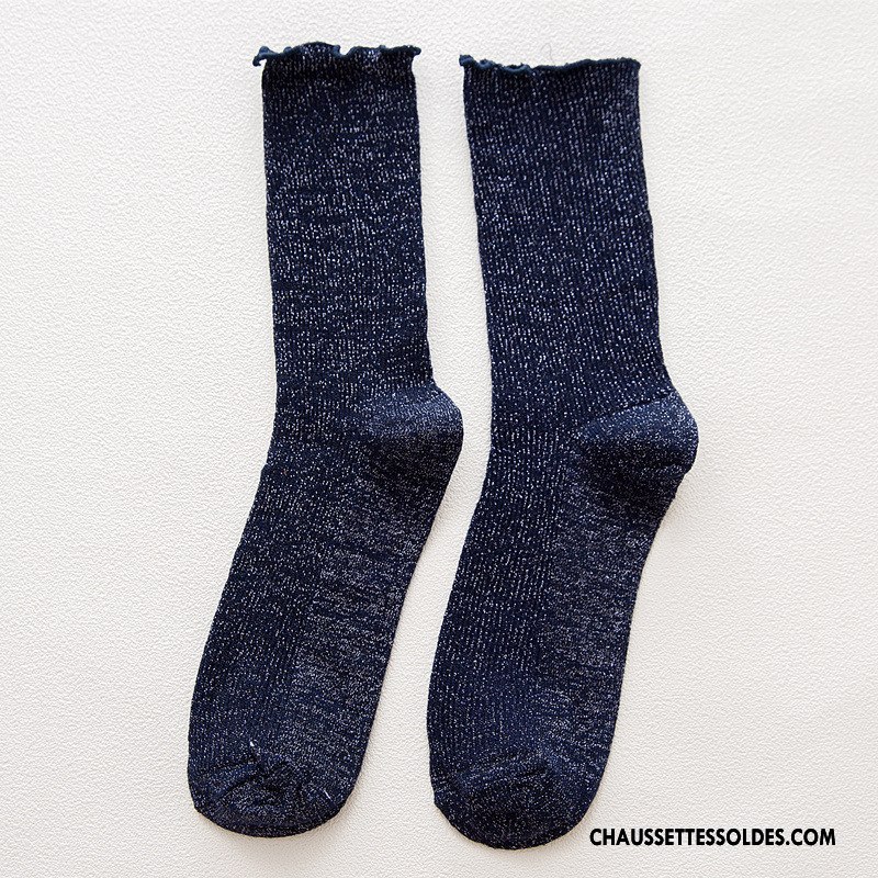 Chaussettes Mi Hautes Femme Vent D'université Rétro Milieu Matelassé Bois Dame Pure Bleu Or