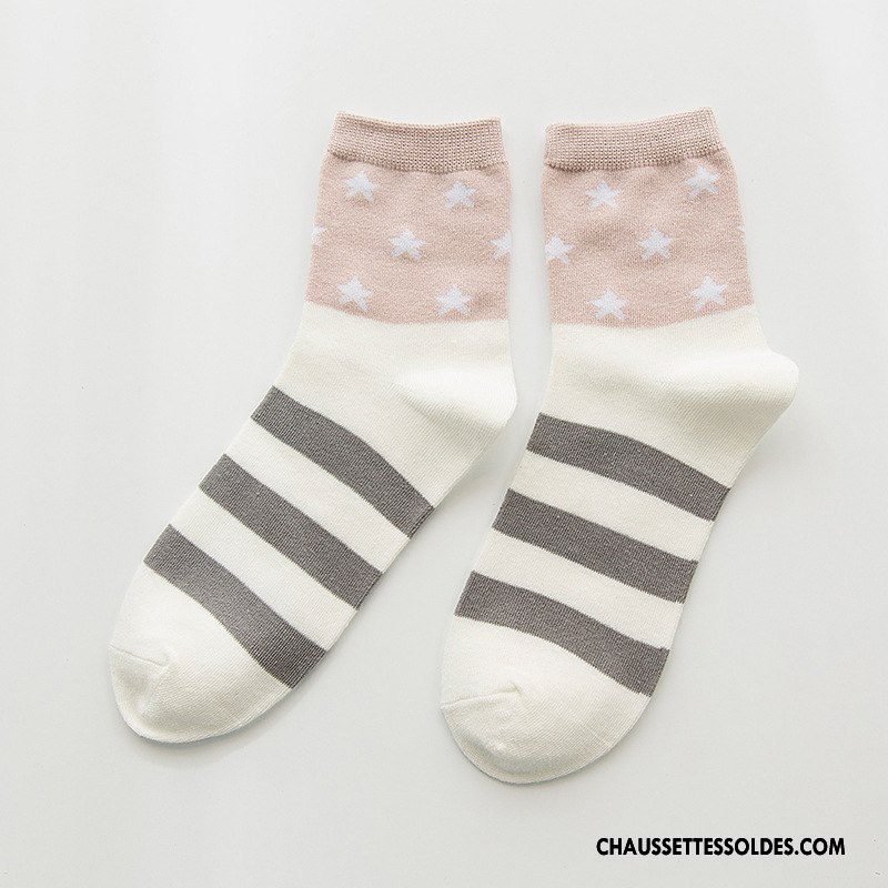 Chaussettes Mi Hautes Femme Étoile L'automne Hiver Dame Rayé Milieu Blanc
