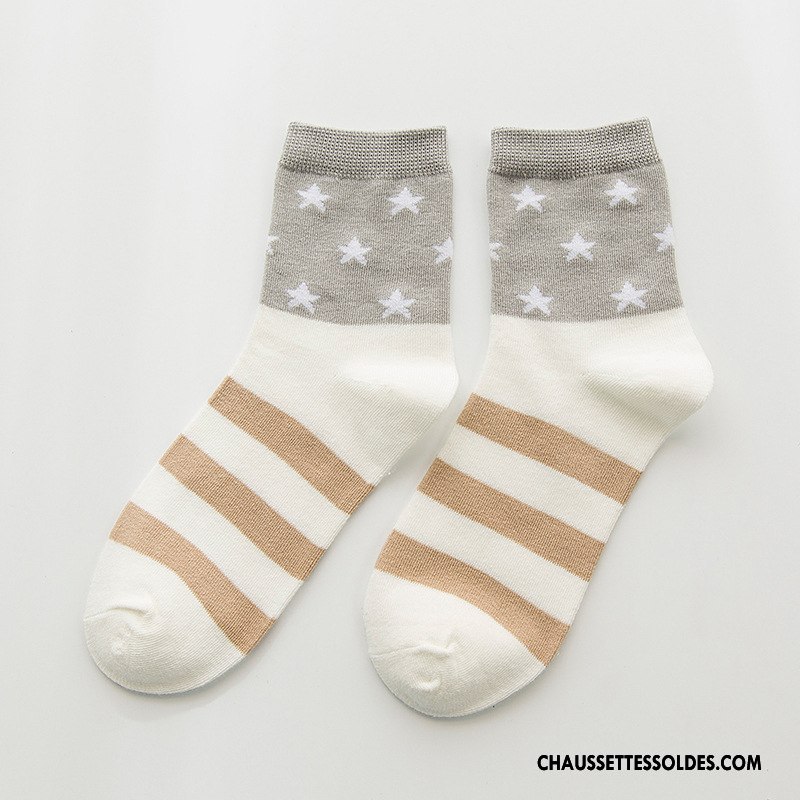 Chaussettes Mi Hautes Femme Étoile L'automne Hiver Dame Rayé Milieu Blanc